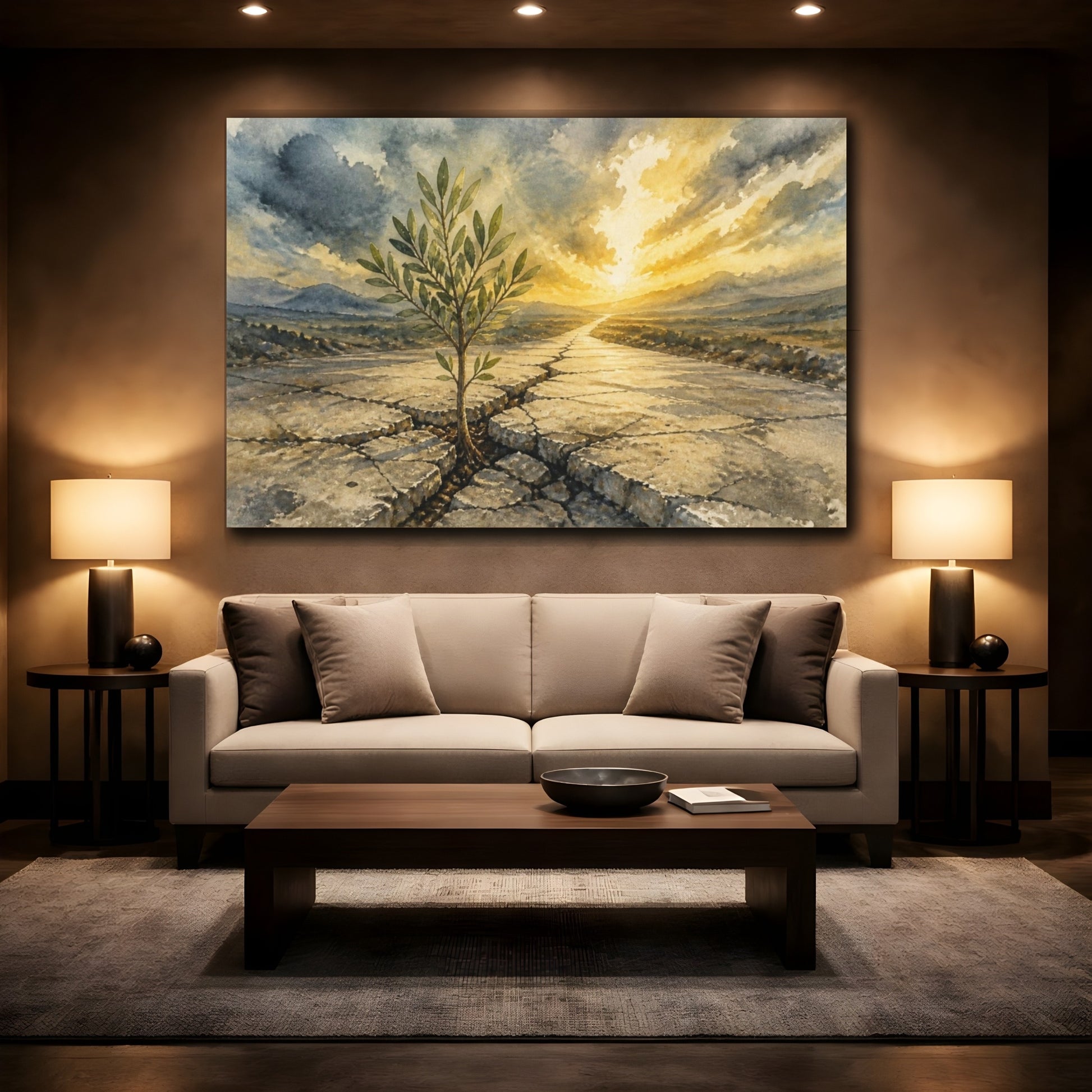 Mockup 2. Sapling Motivation Sunrise shown as canvas print