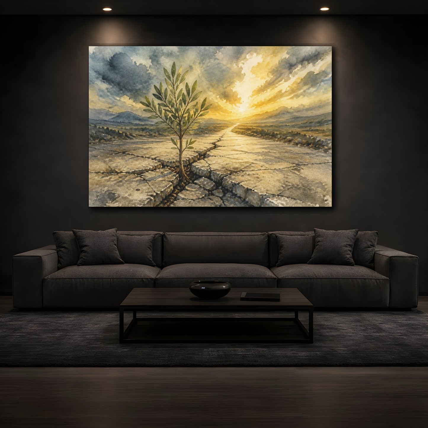 Mockup 3. Sapling Motivation Sunrise shown as canvas print
