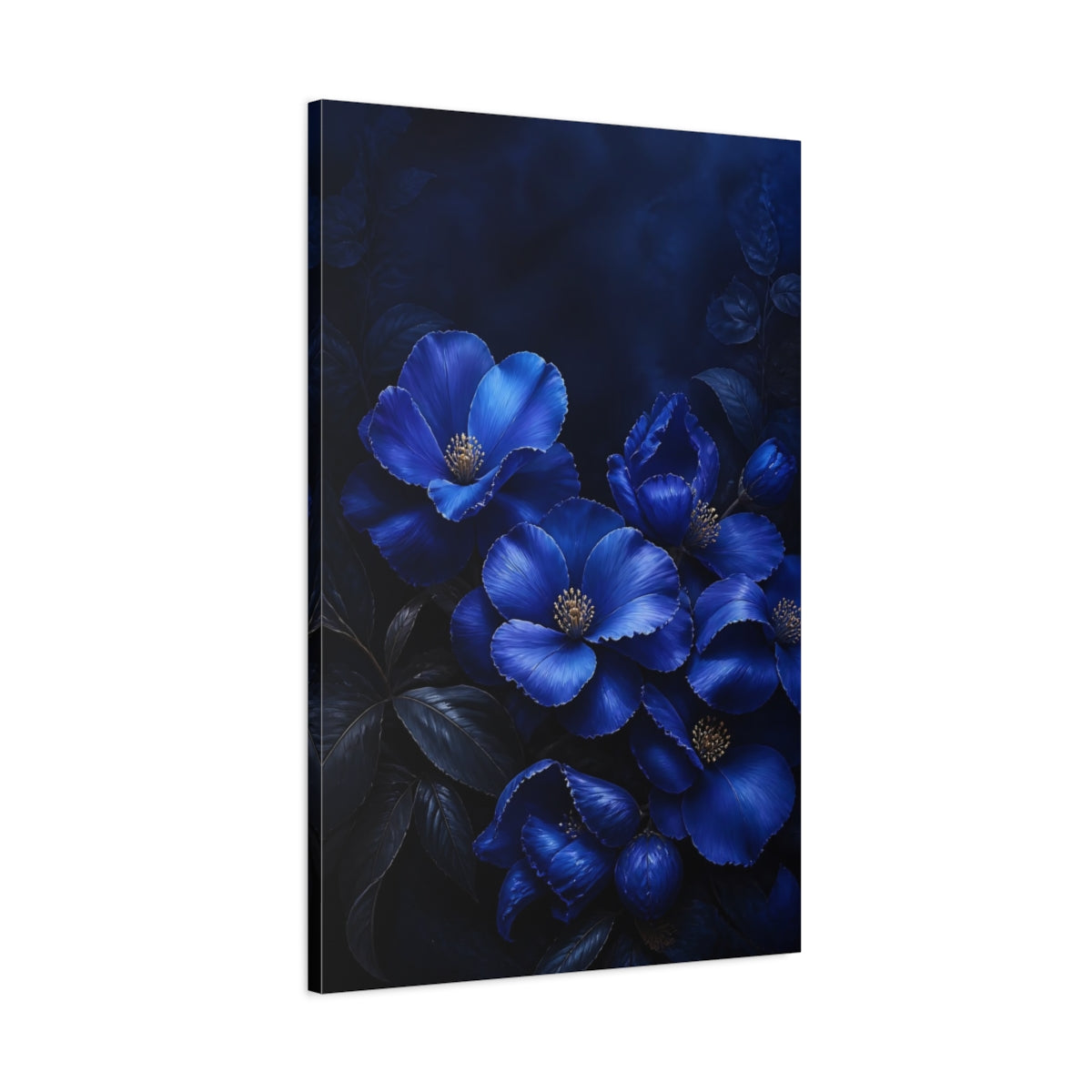 Main Mockup. Sapphire Blue Flowers shown as canvas print