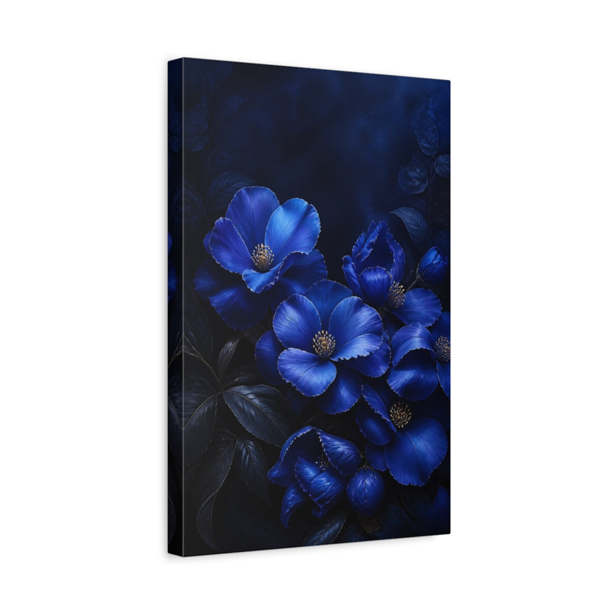 Side Mockup 4. Sapphire Blue Flowers shown as canvas print