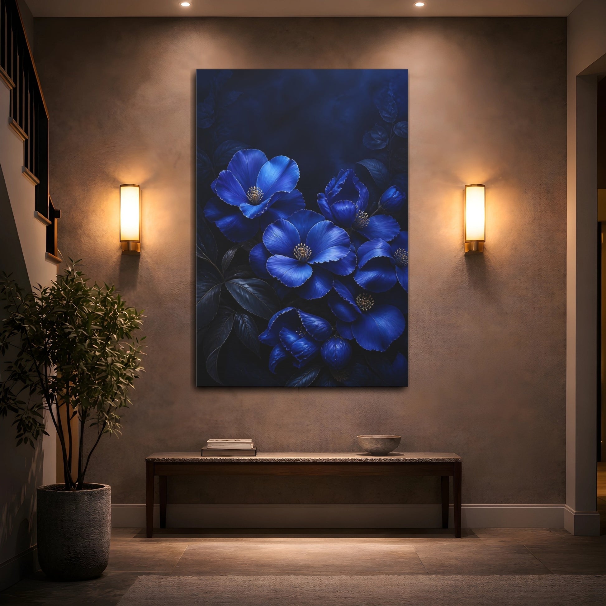 Mockup 2. Sapphire Blue Flowers shown as canvas print