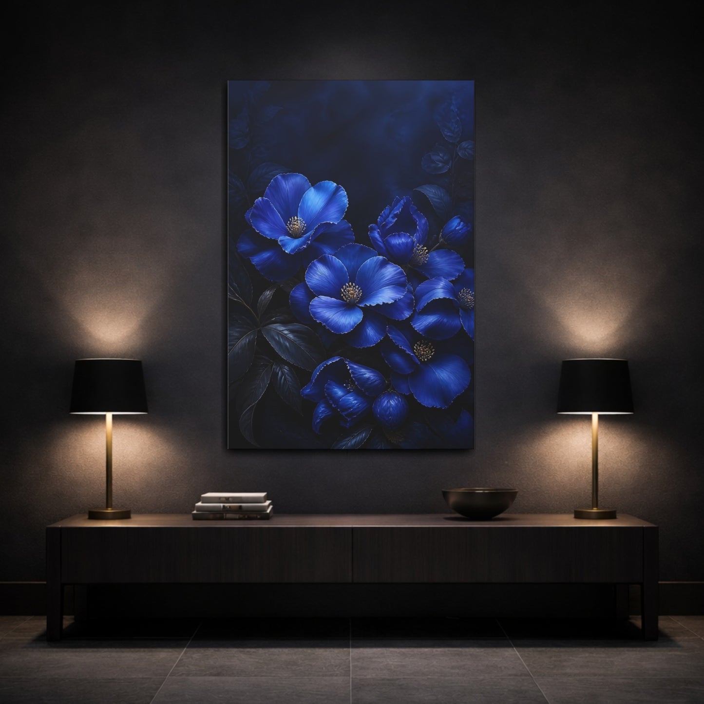 Mockup 3. Sapphire Blue Flowers shown as canvas print