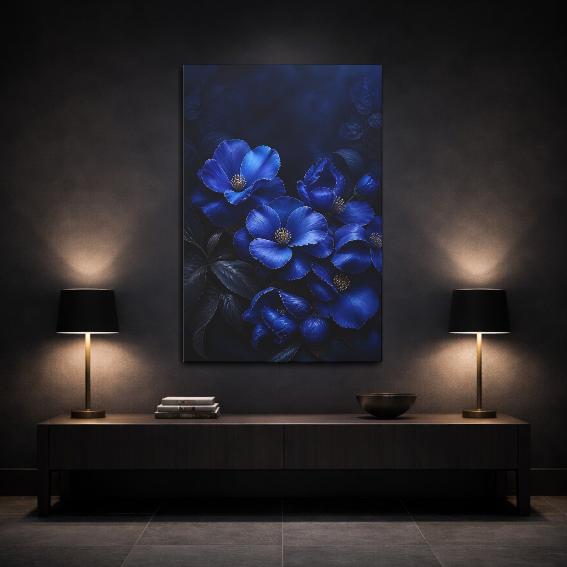Mockup 3. Sapphire Blue Flowers shown as canvas print