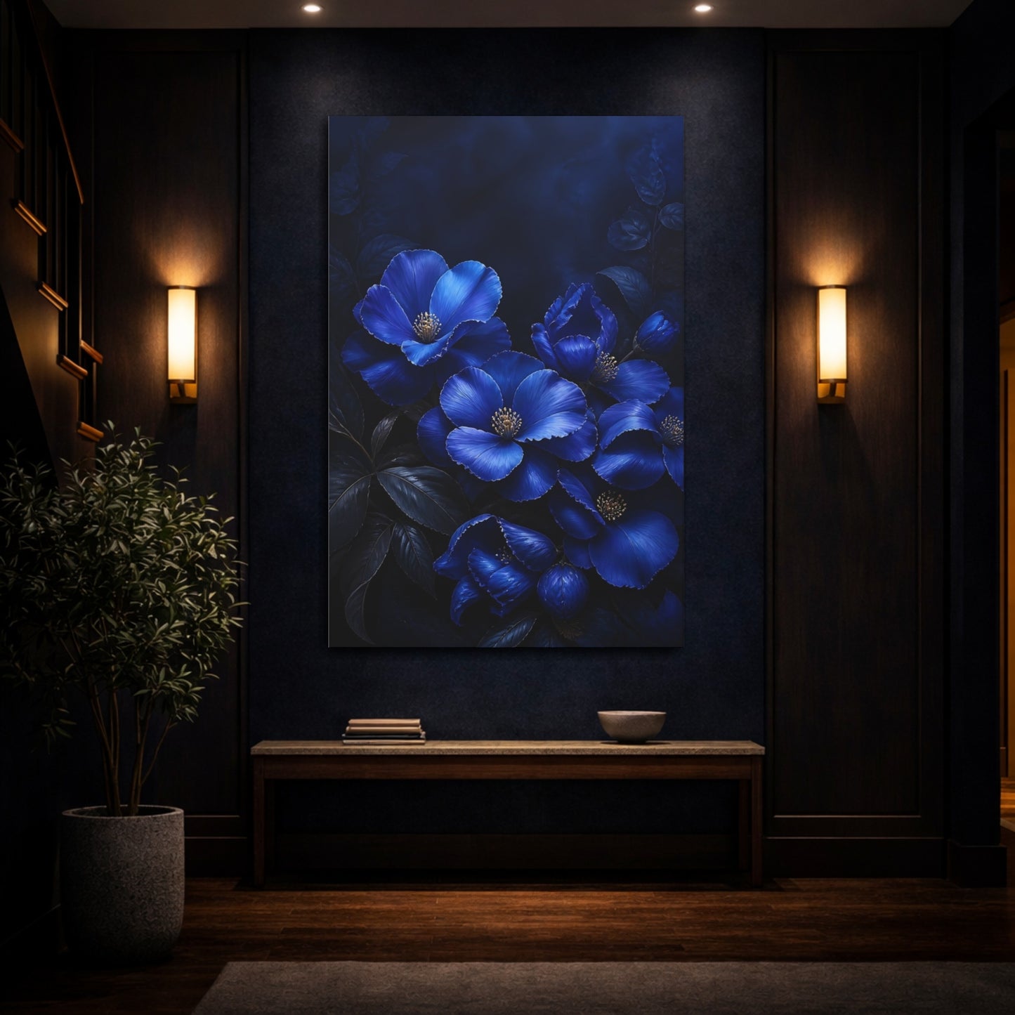Mockup 4. Sapphire Blue Flowers shown as canvas print