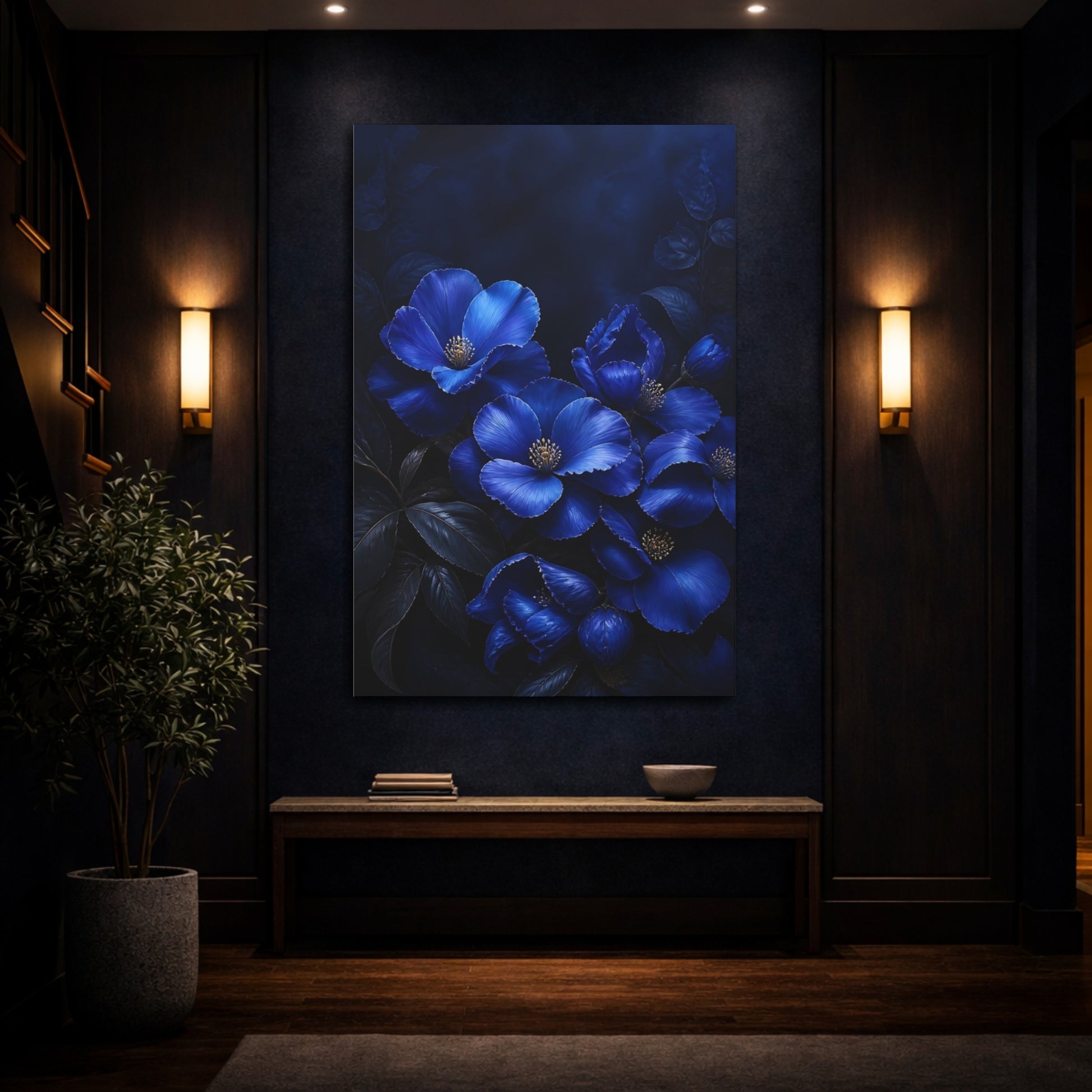 Mockup 4. Sapphire Blue Flowers shown as canvas print