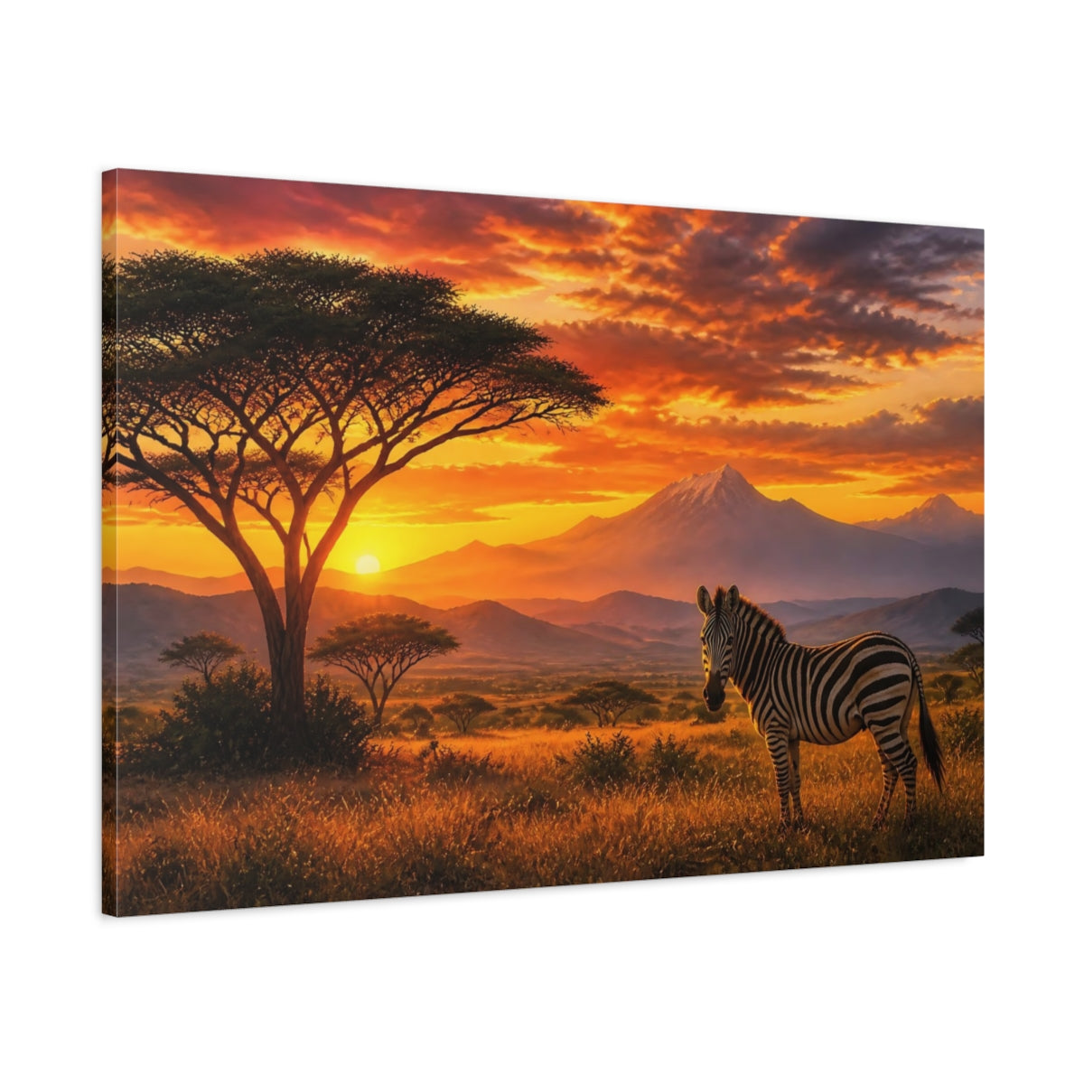 Main Mockup. Savanna Sunrise Zebra shown as canvas print