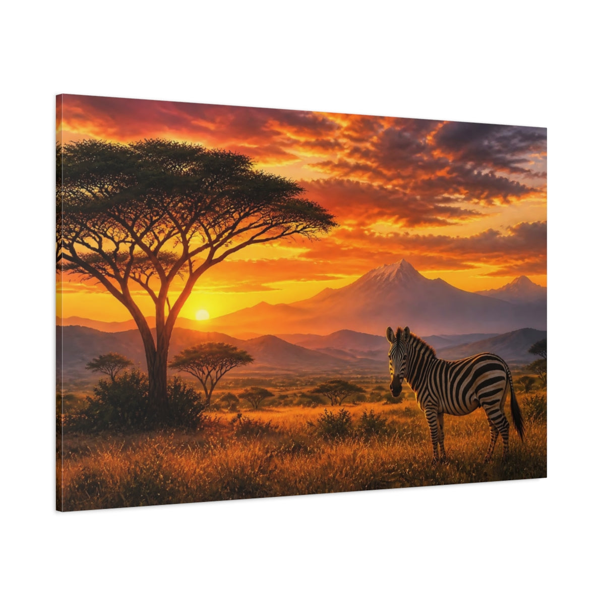 Side Mockup 1. Savanna Sunrise Zebra shown as canvas print