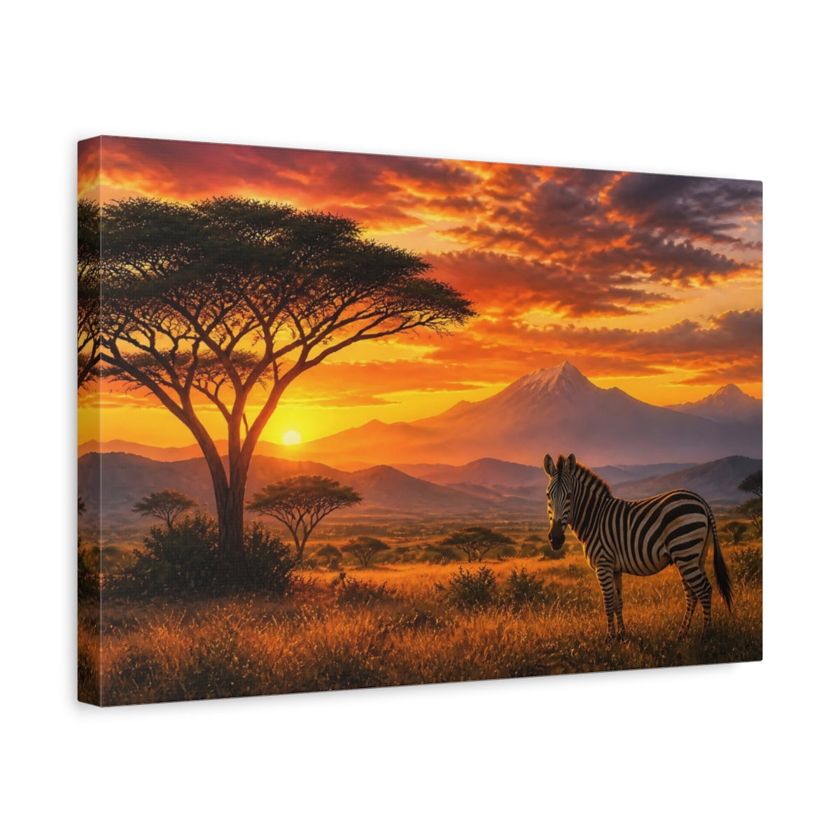 Side Mockup 4. Savanna Sunrise Zebra shown as canvas print