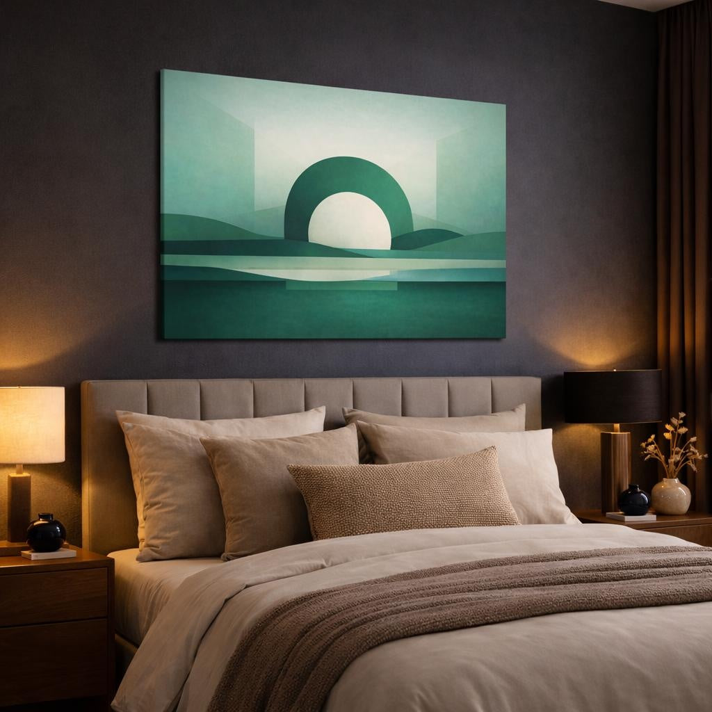 Scandi Light Abstract Emerald shown as canvas wall art in a luxury bedroom