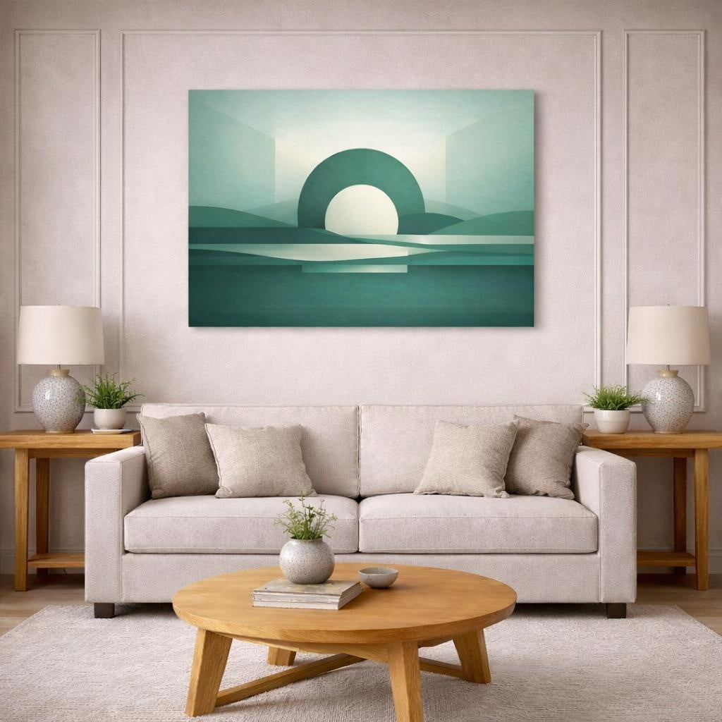 Scandi Light Abstract Emerald shown as canvas wall art in a modern living room