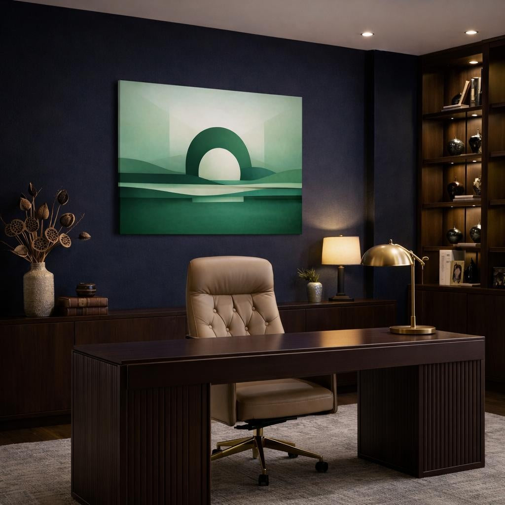 Scandi Light Abstract Emerald shown as canvas wall art in a luxury executive office