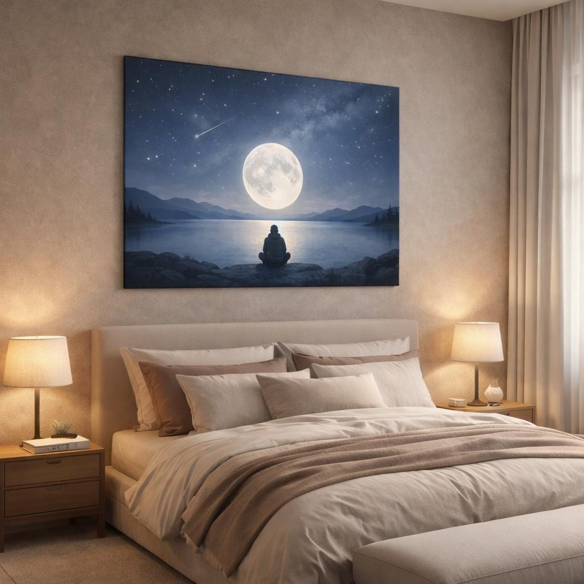 Scandi Light Astronomy Art shown as canvas wall art in a luxury bedroom