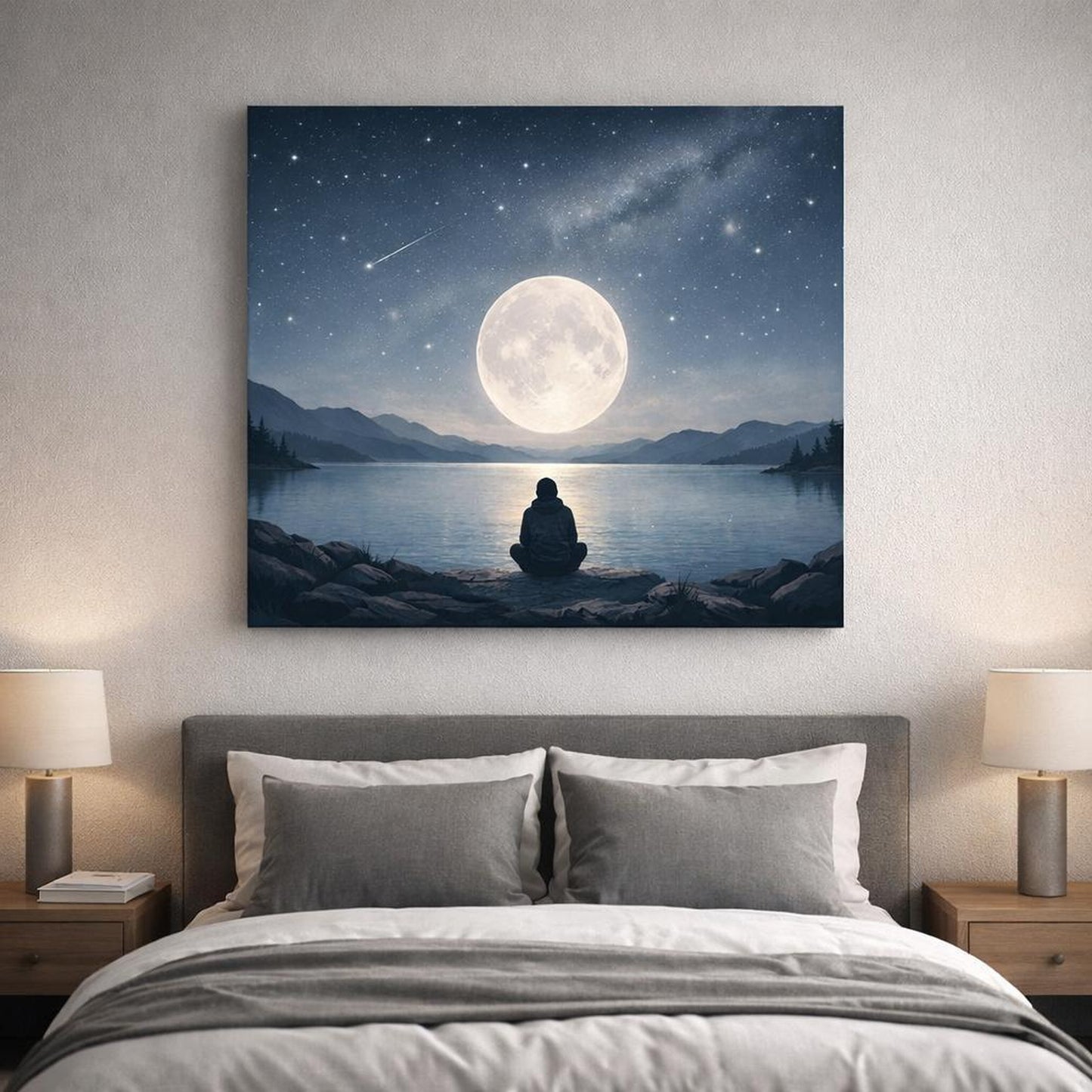 Scandi Light Astronomy Art shown as canvas wall art in a refined dining room