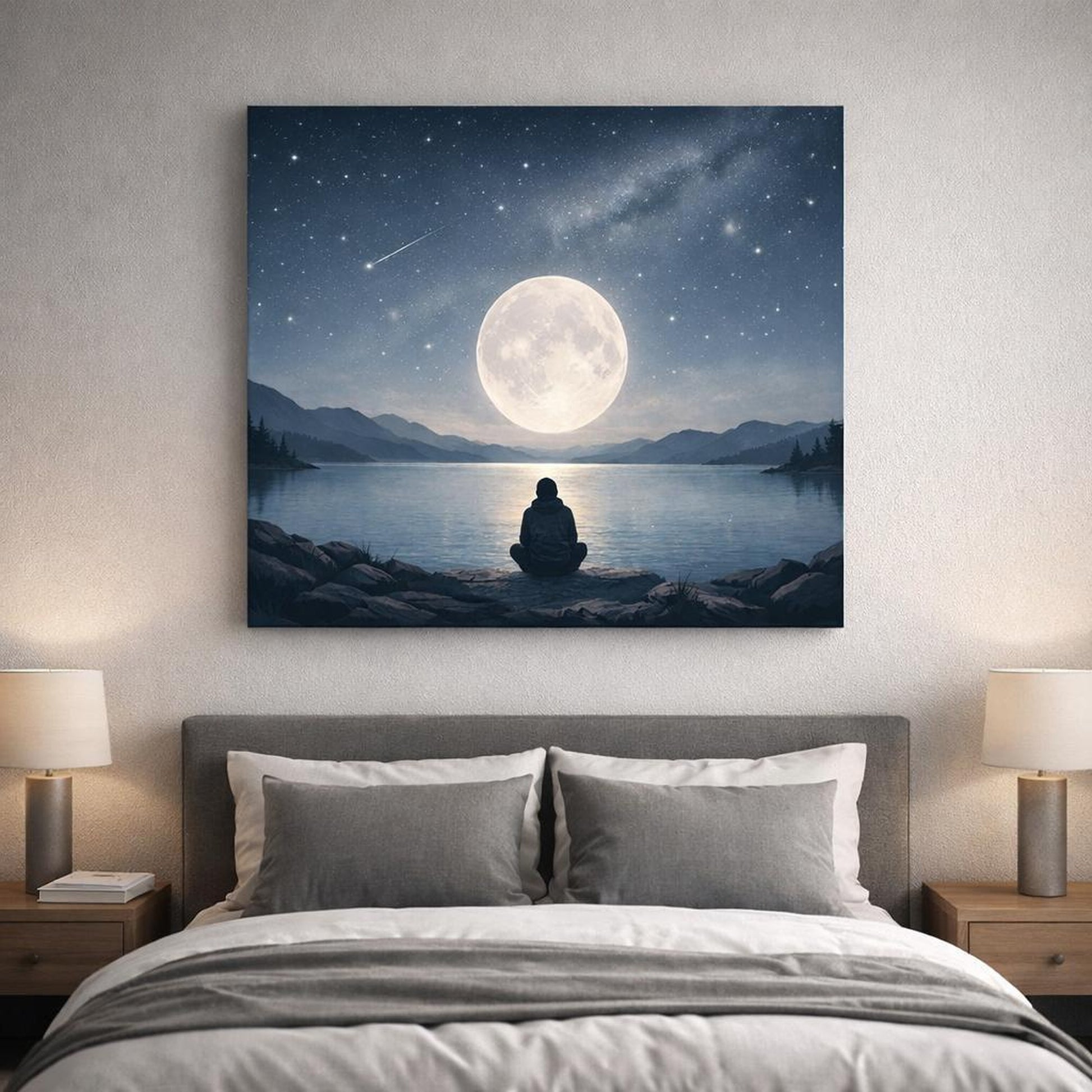 Scandi Light Astronomy Art shown as canvas wall art in a refined dining room