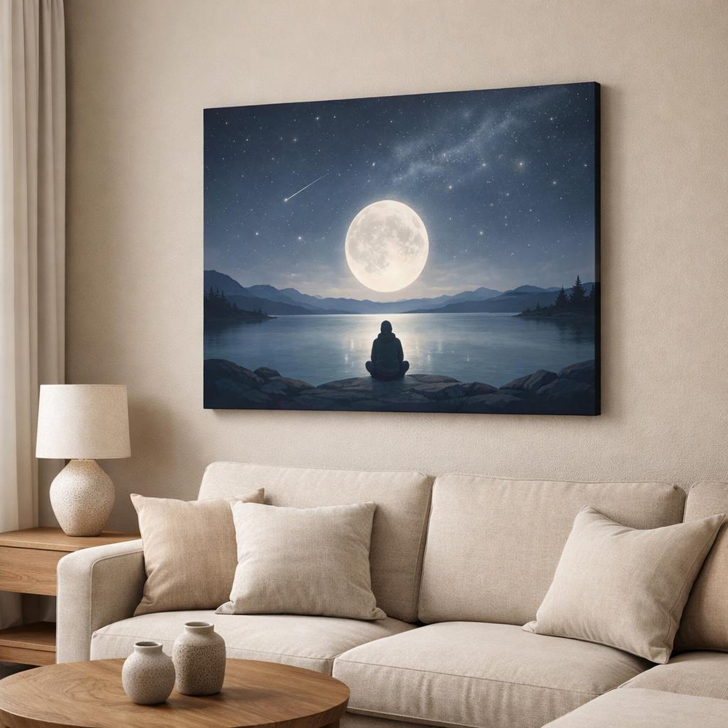 Scandi Light Astronomy Art shown as canvas wall art in a modern living room