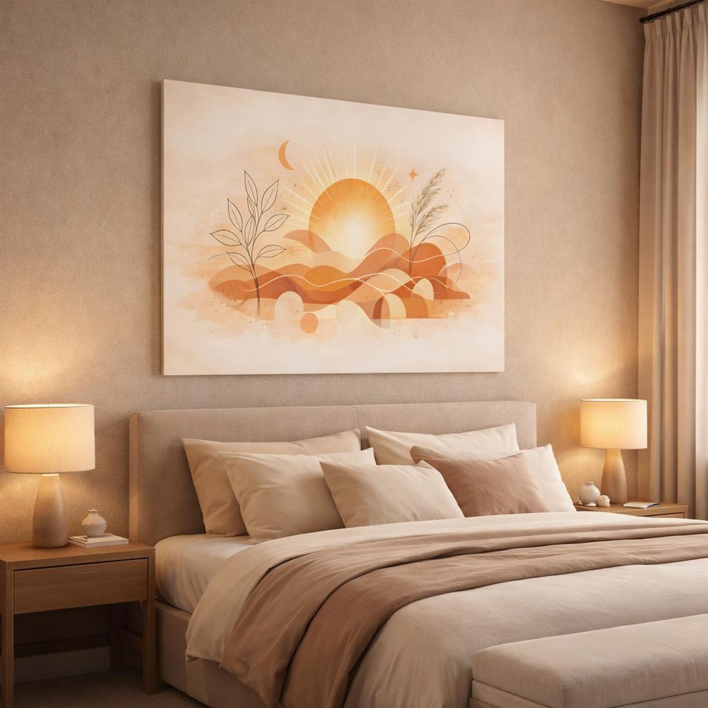 Scandi Light Boho Line Art shown as canvas wall art in a luxury bedroom