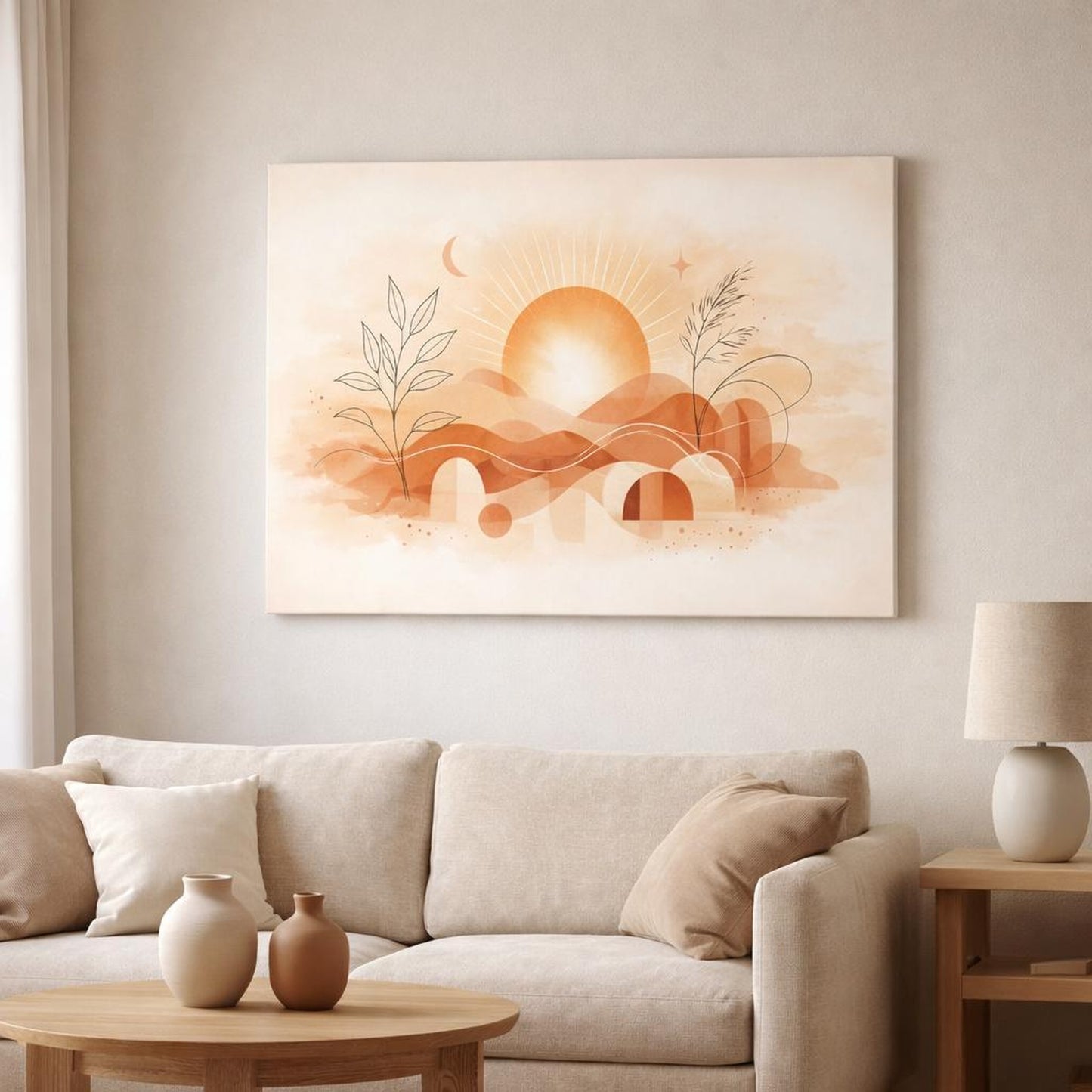 Scandi Light Boho Line Art shown as canvas wall art in a modern living room