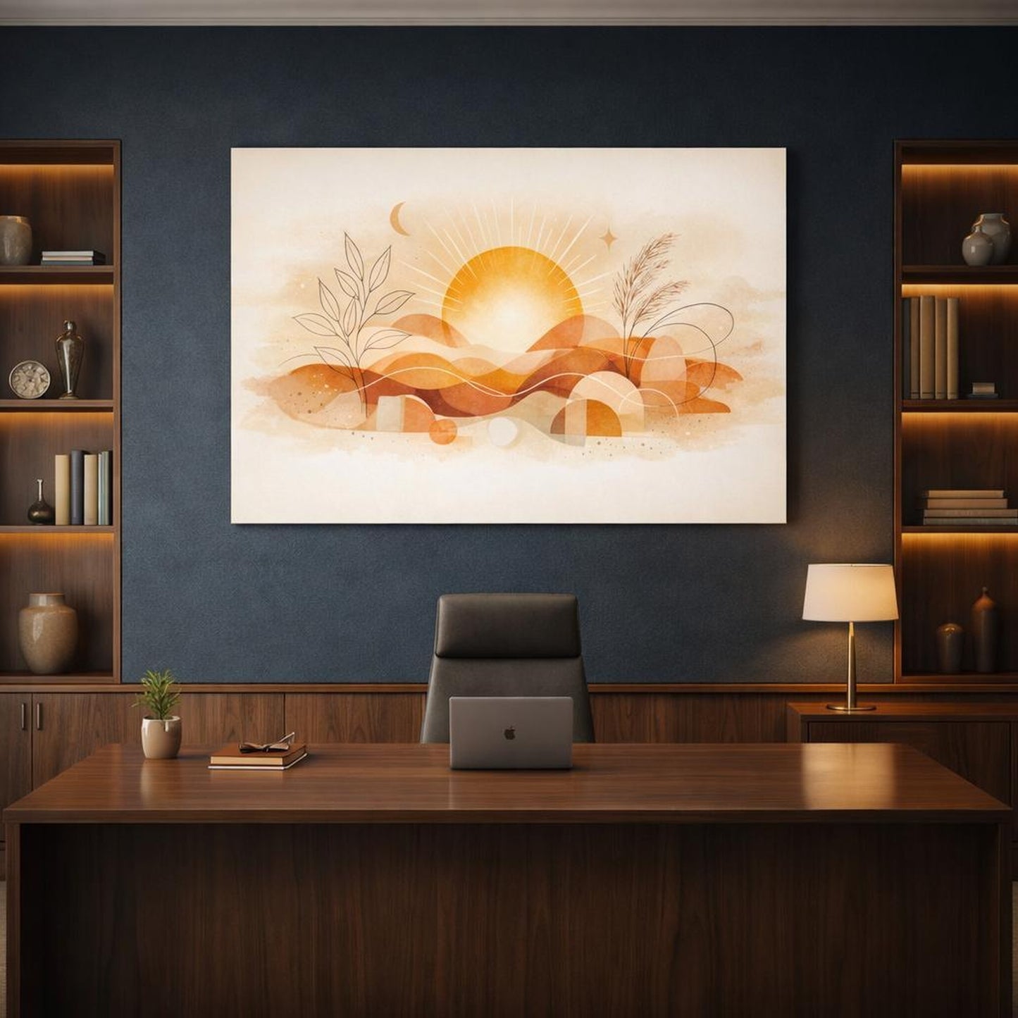 Scandi Light Boho Line Art shown as canvas wall art in a luxury executive office