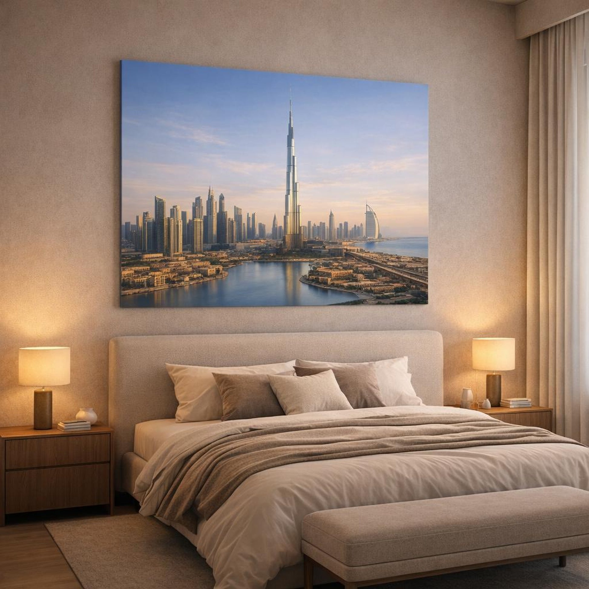 Scandi Light Dubai Skyline shown as canvas wall art in a luxury bedroom