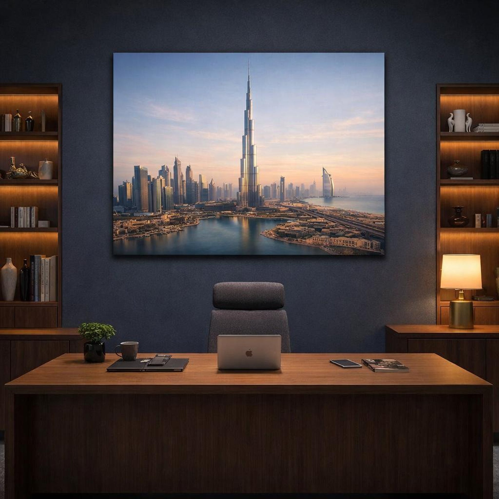 Scandi Light Dubai Skyline shown as canvas wall art in a refined dining room
