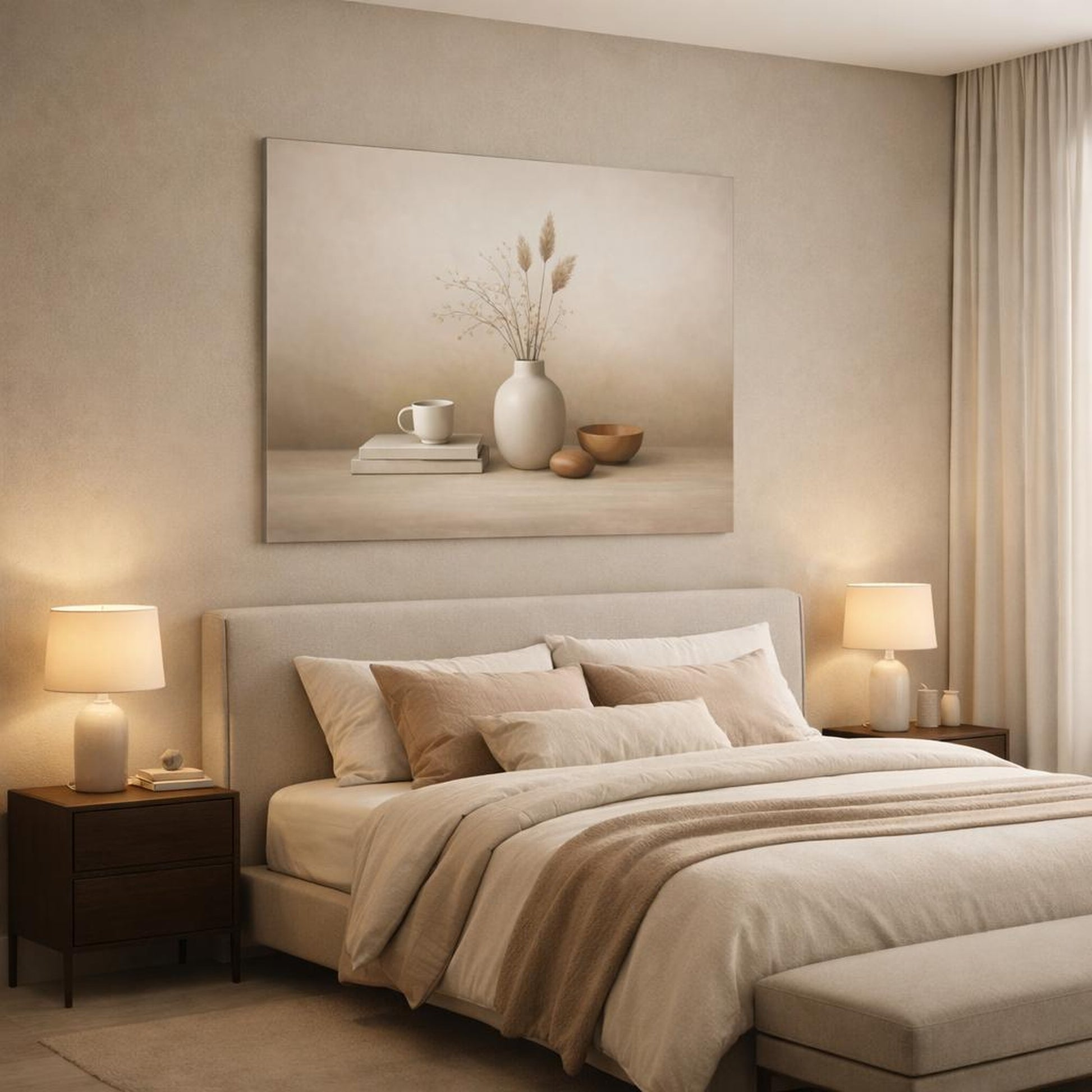 Scandi Light Espresso Still Life shown as canvas wall art in a luxury bedroom