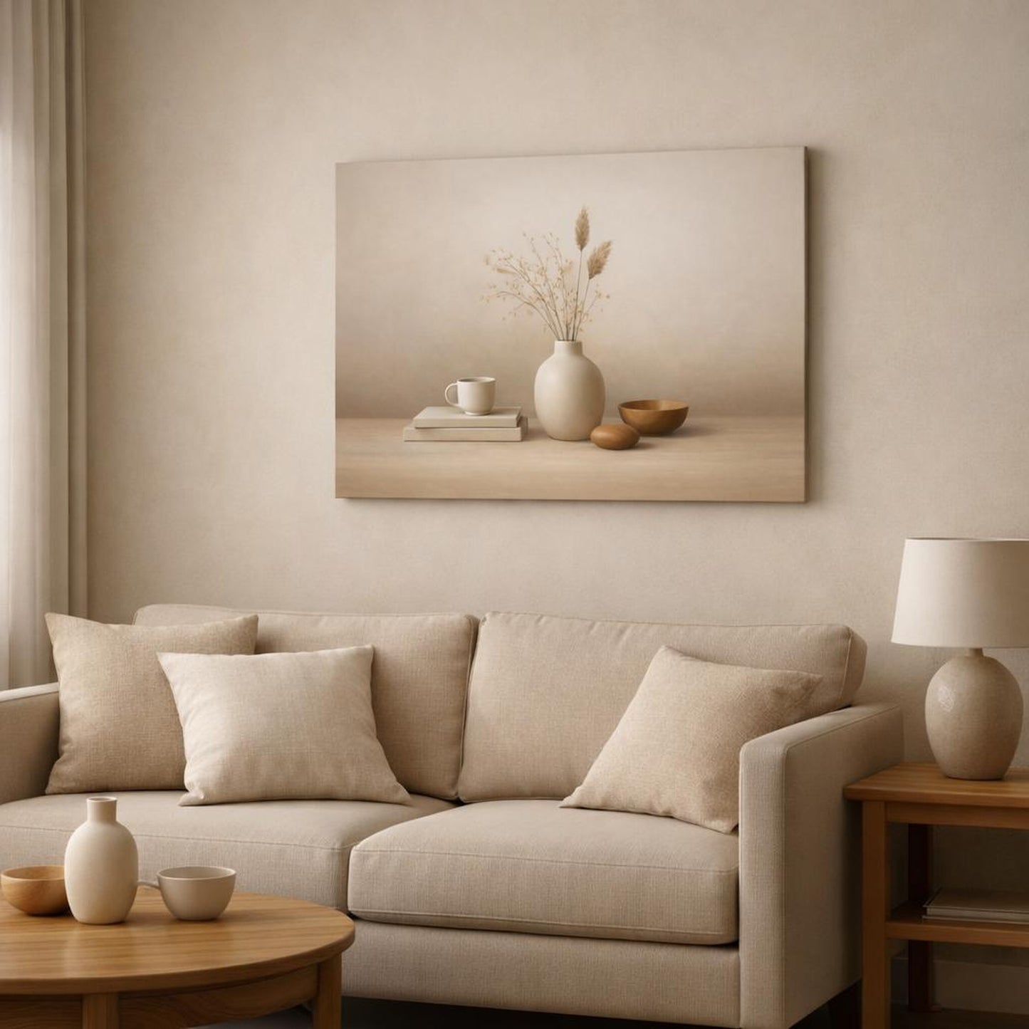 Scandi Light Espresso Still Life shown as canvas wall art in a modern living room