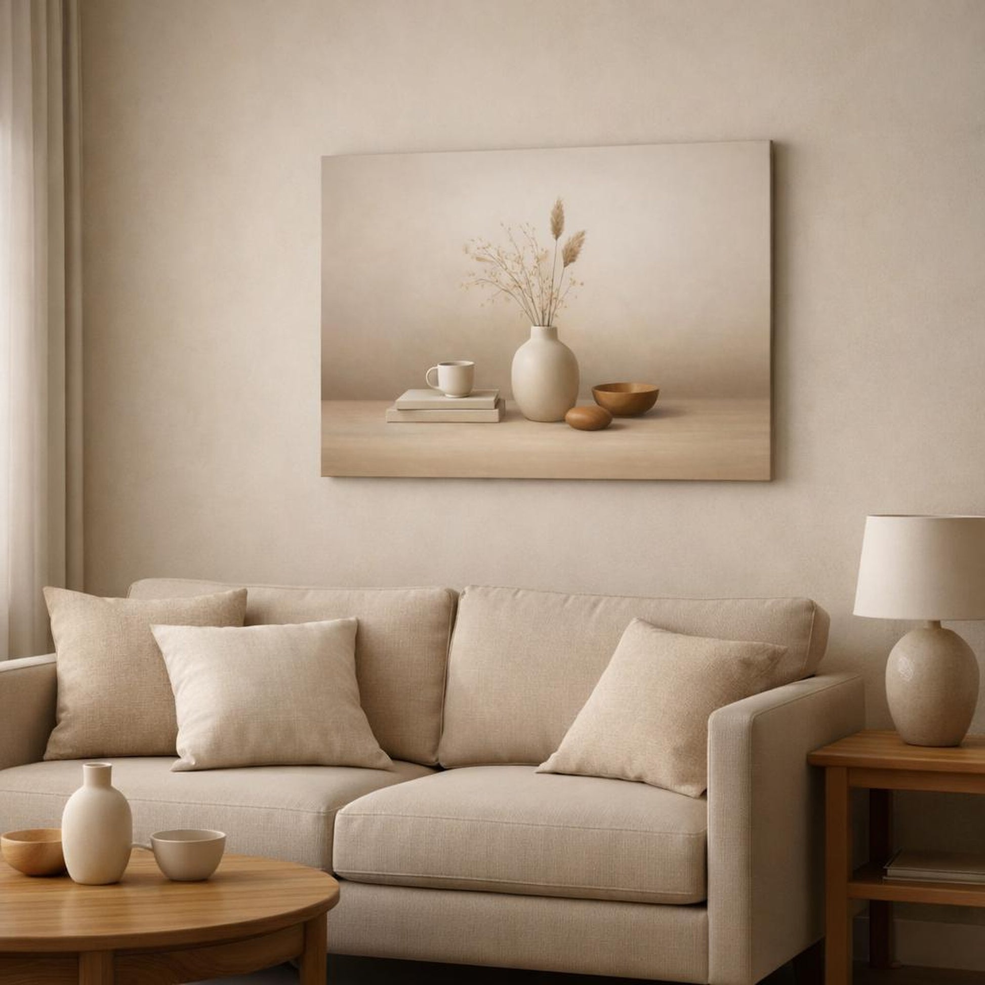 Scandi Light Espresso Still Life shown as canvas wall art in a modern living room