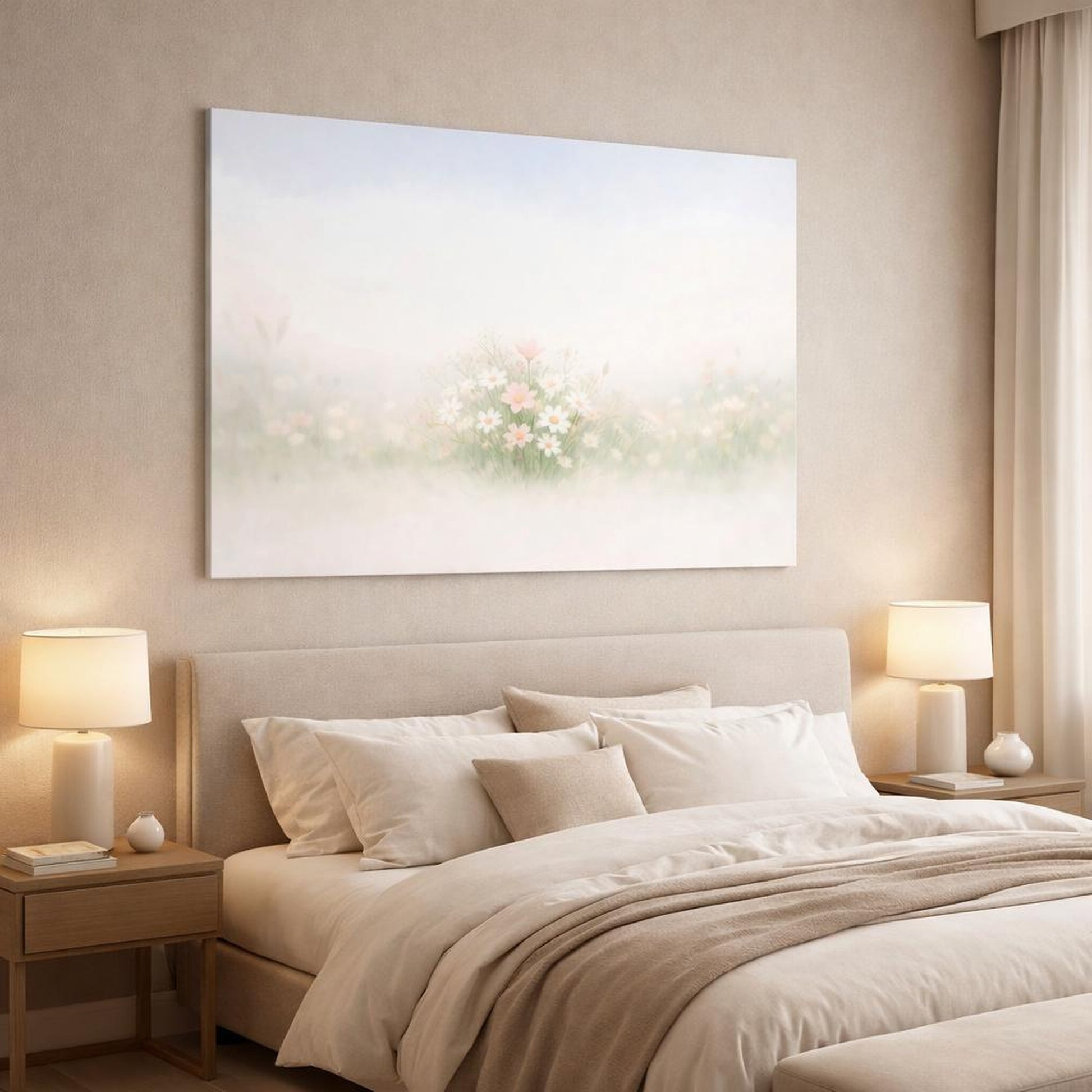 Scandi Light Flower Soft shown as canvas wall art in a luxury bedroom