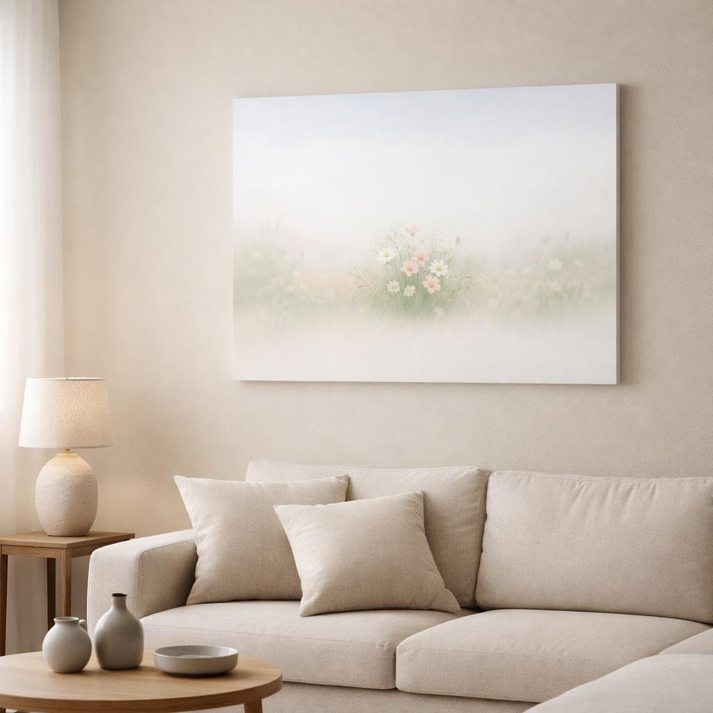 Scandi Light Flower Soft shown as canvas wall art in a modern living room