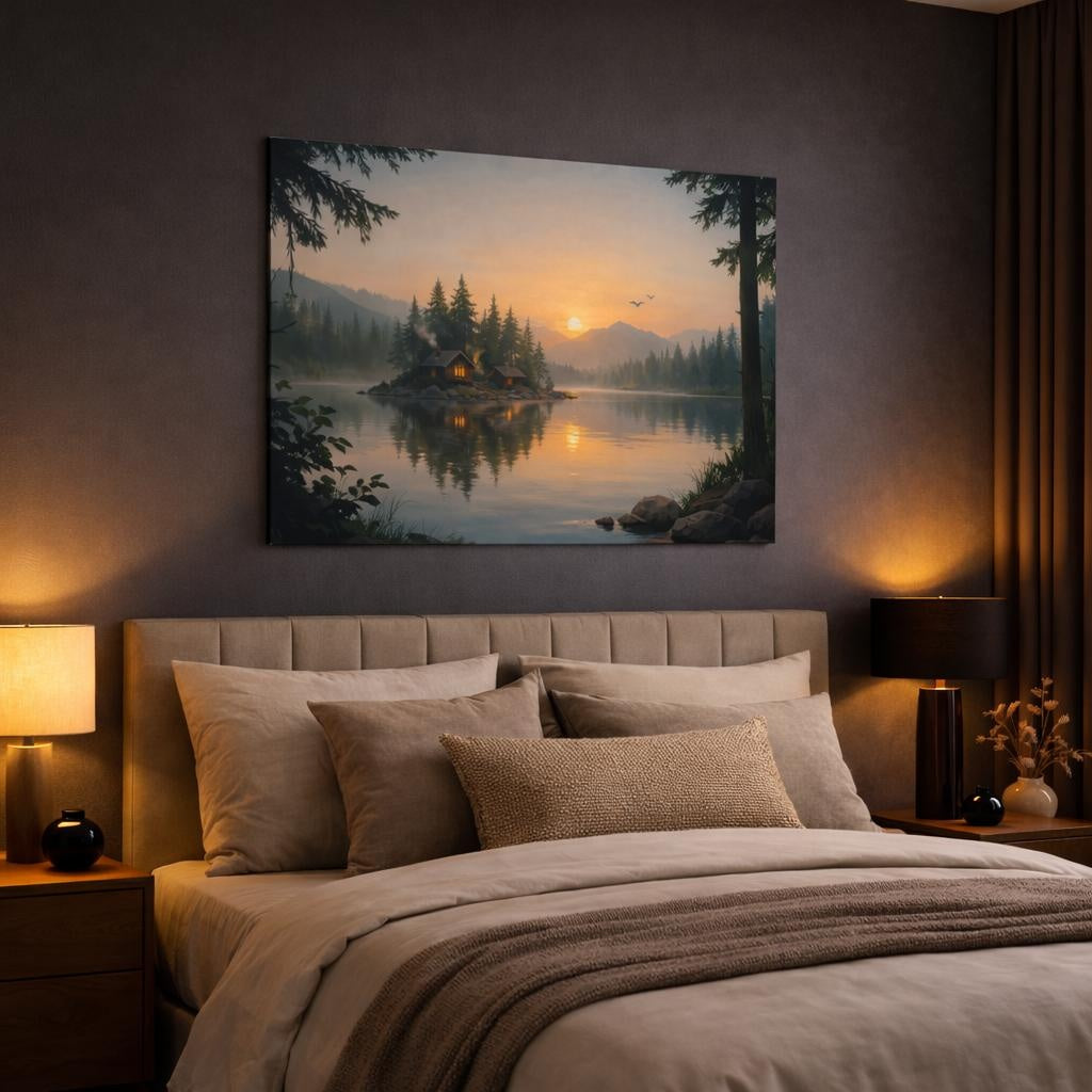 Scandi Light Forest Dramatic shown as canvas wall art in a luxury bedroom