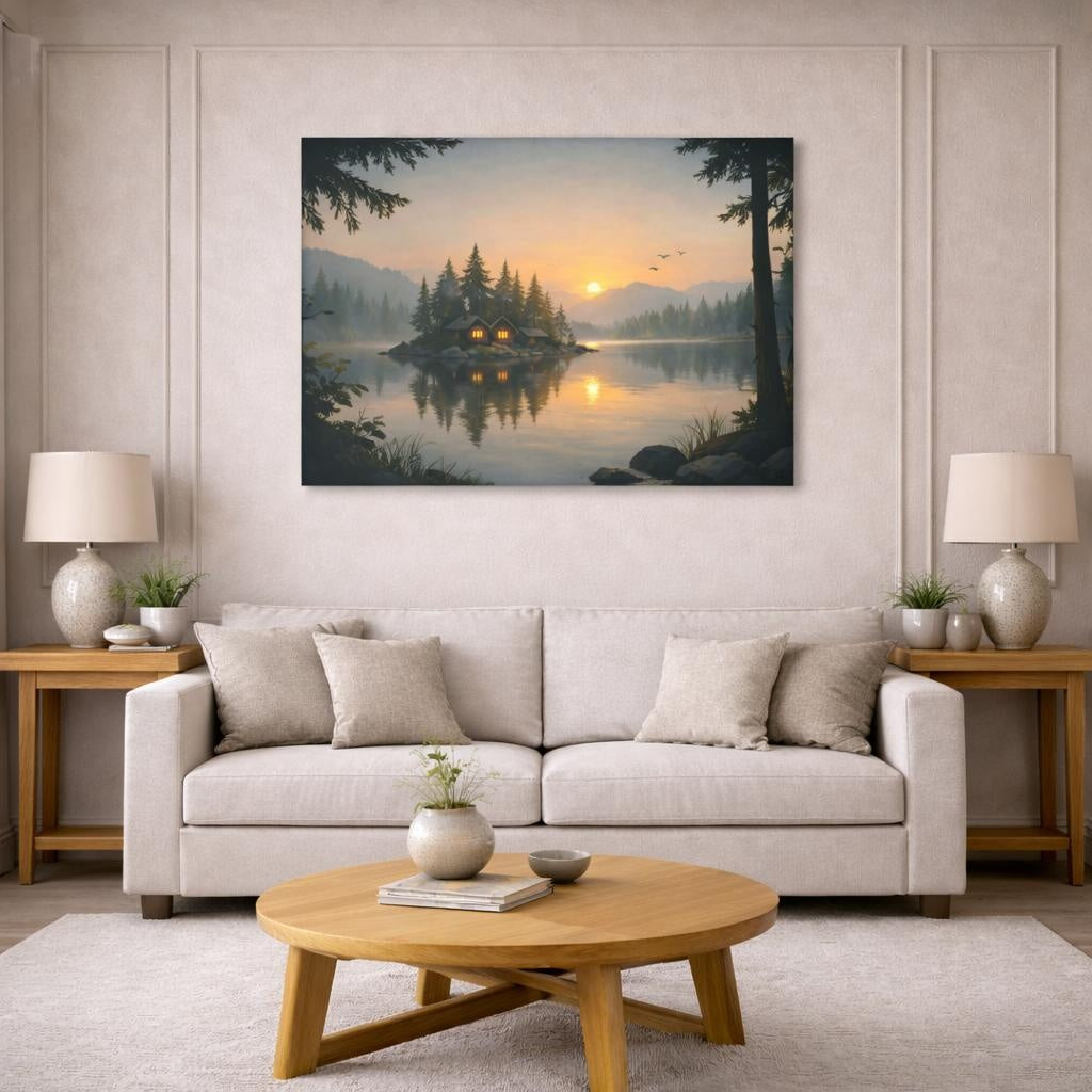 Scandi Light Forest Dramatic shown as canvas wall art in a modern living room