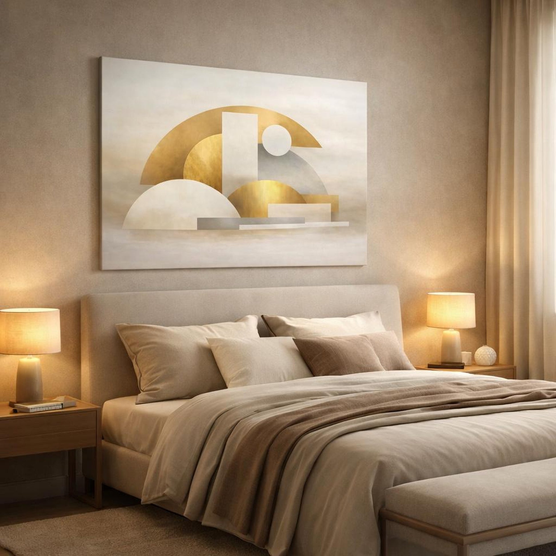 Scandi Light Gold Abstract shown as canvas wall art in a luxury bedroom