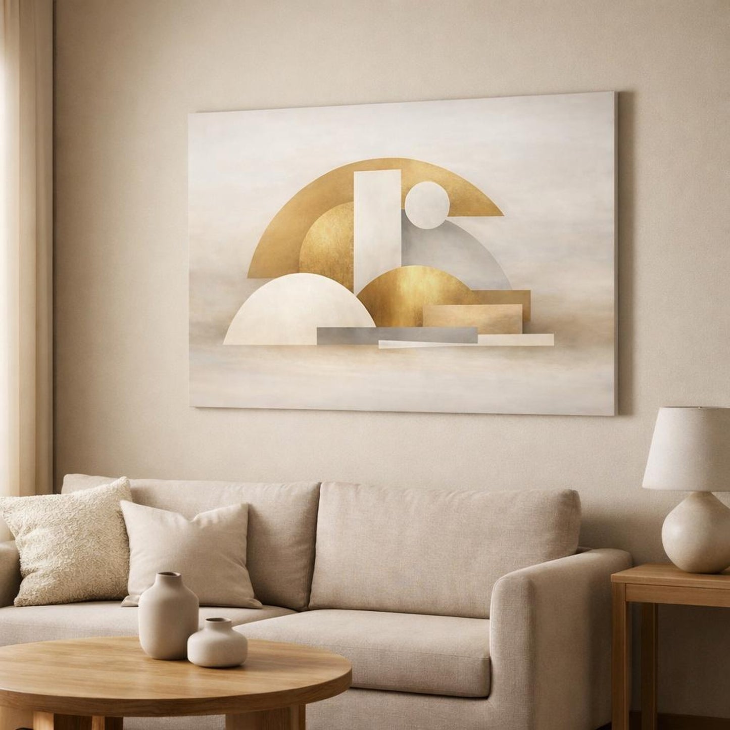 Scandi Light Gold Abstract shown as canvas wall art in a modern living room