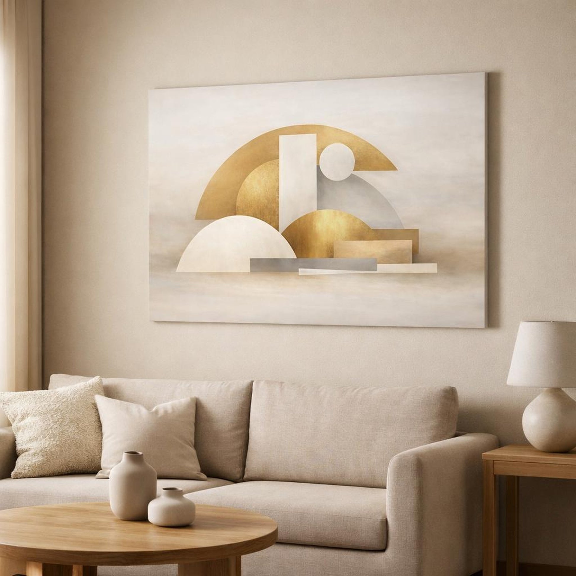 Scandi Light Gold Abstract shown as canvas wall art in a modern living room