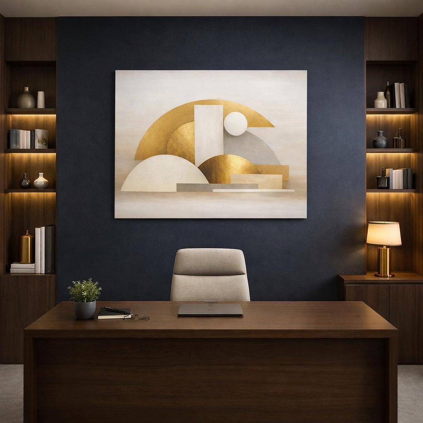 Scandi Light Gold Abstract shown as canvas wall art in a luxury executive office
