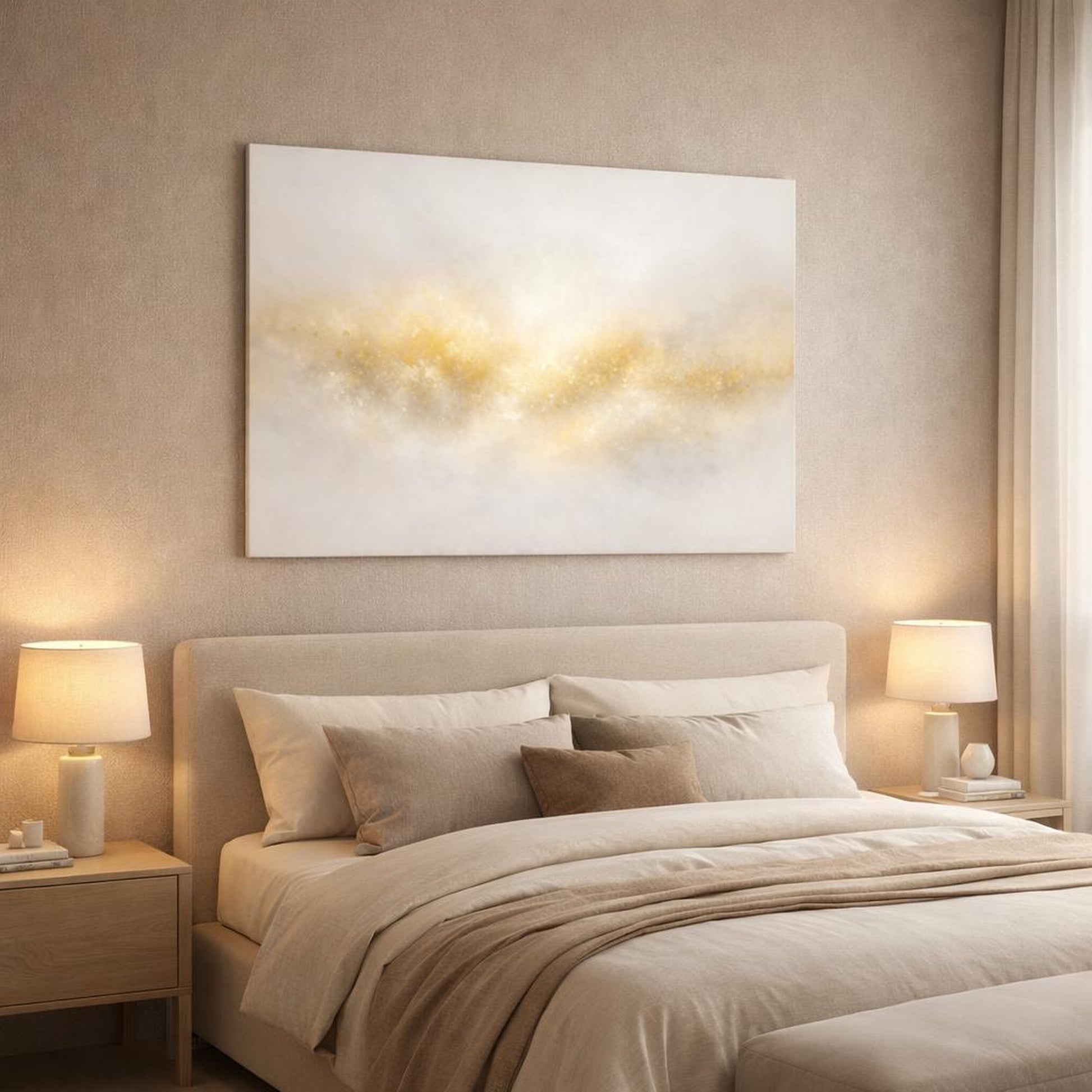 Scandi Light Gold Accent Art shown as canvas wall art in a luxury bedroom