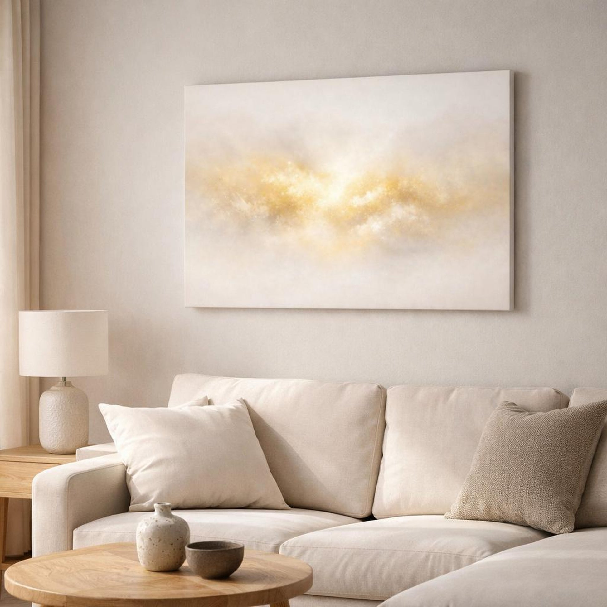 Scandi Light Gold Accent Art shown as canvas wall art in a modern living room