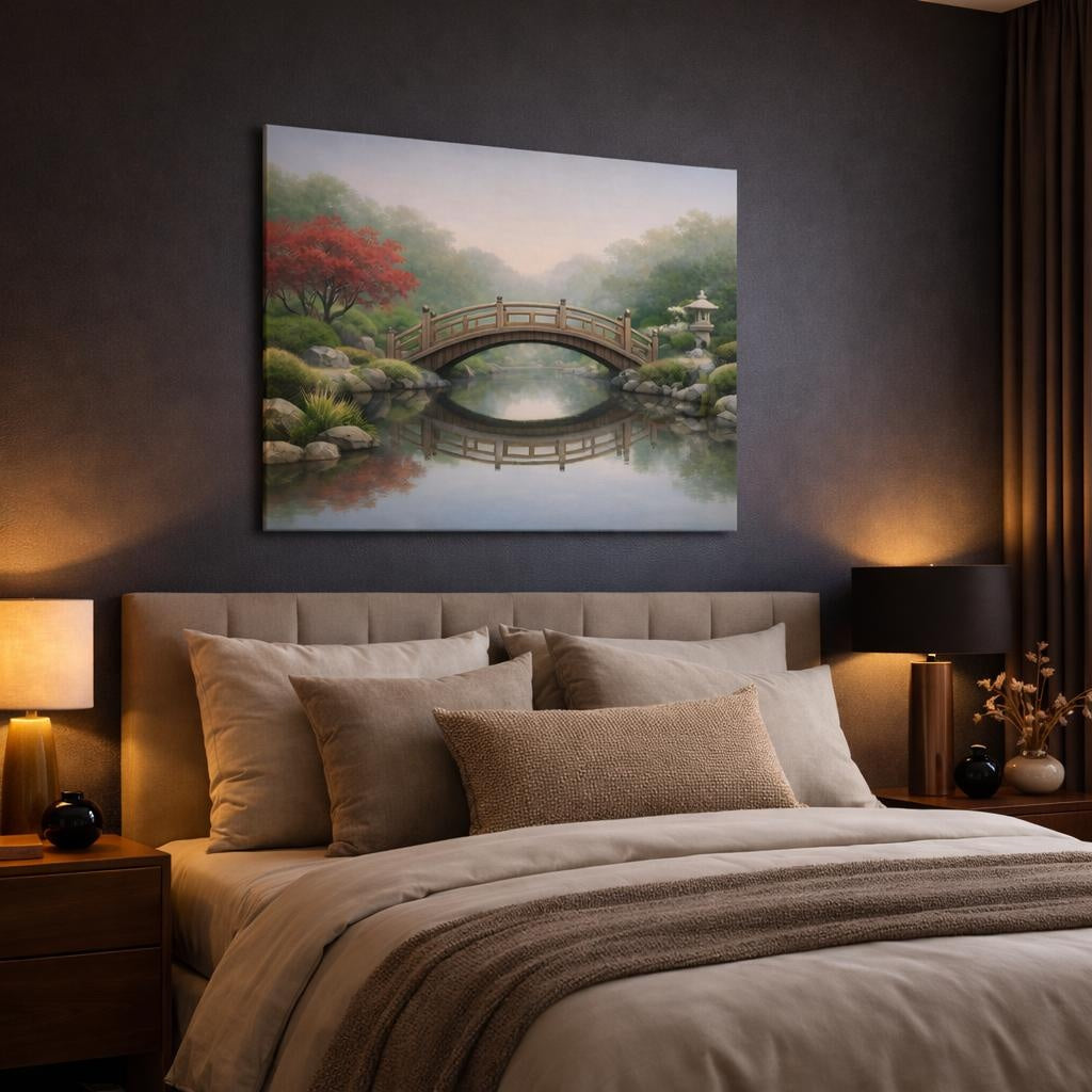 Scandi Light Japanese Garden Bridge shown as canvas wall art in a luxury bedroom