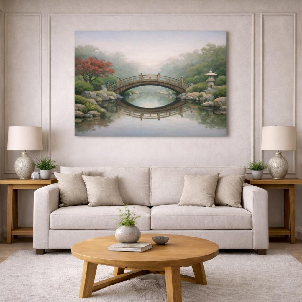 Scandi Light Japanese Garden Bridge shown as canvas wall art in a modern living room