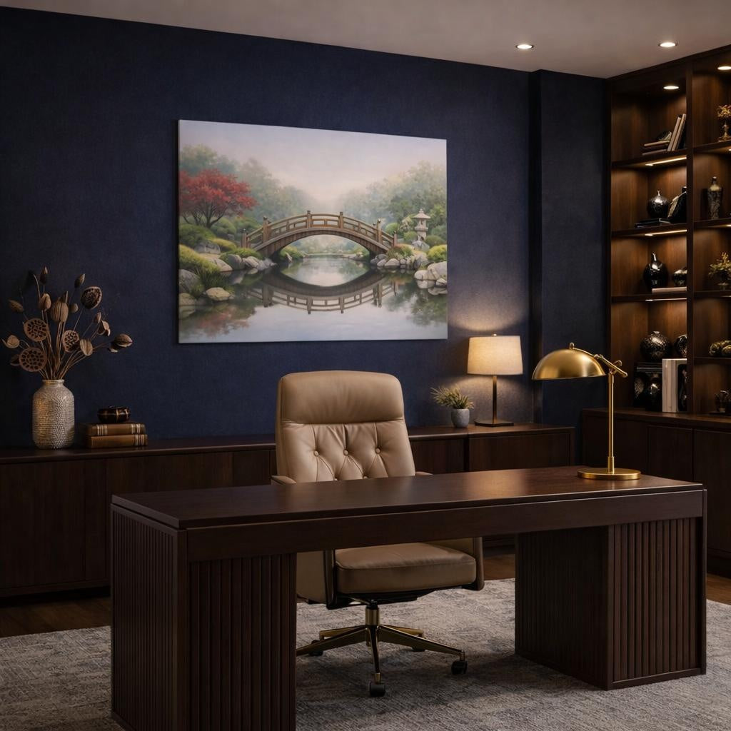 Scandi Light Japanese Garden Bridge shown as canvas wall art in a refined dining room