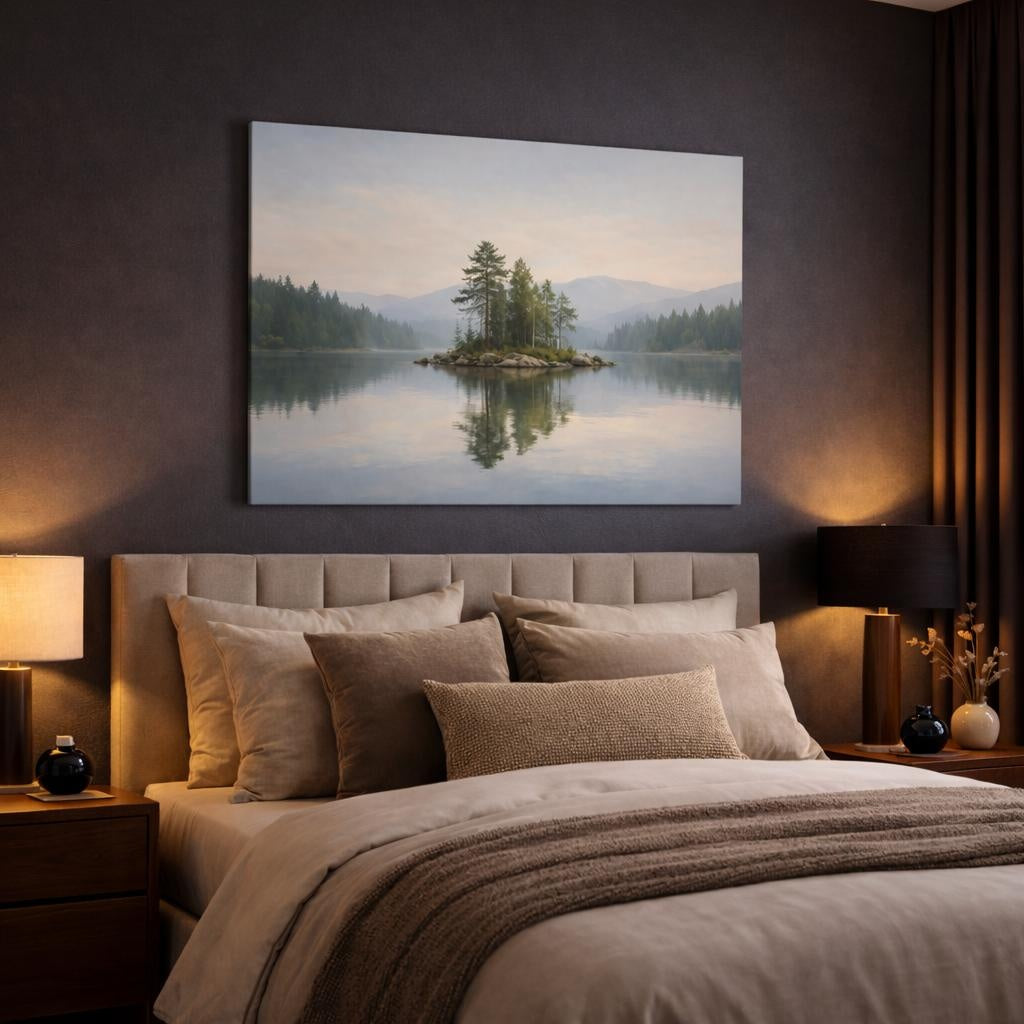 Scandi Light Landscape shown as canvas wall art in a luxury bedroom