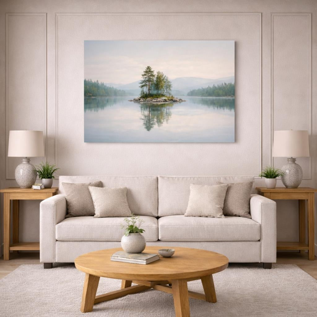 Scandi Light Landscape shown as canvas wall art in a modern living room