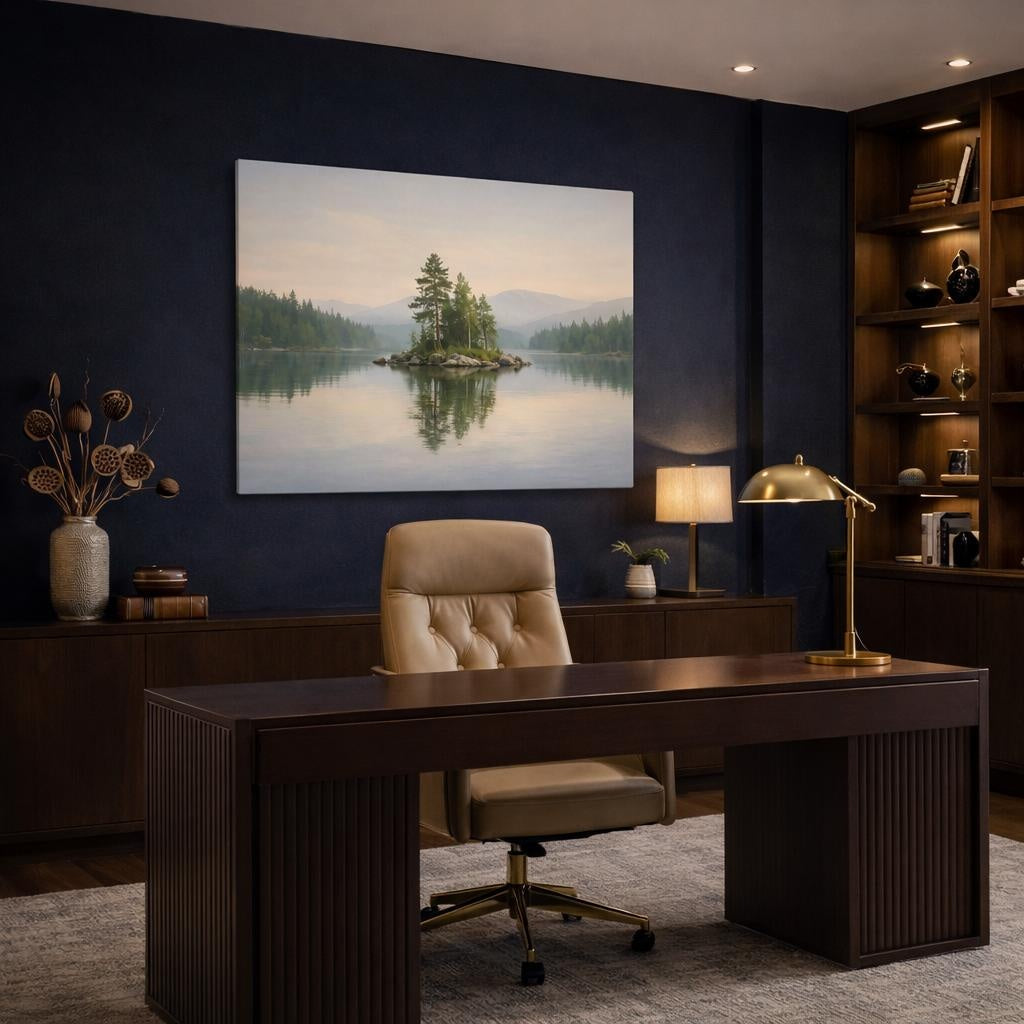 Scandi Light Landscape shown as canvas wall art in a refined dining room