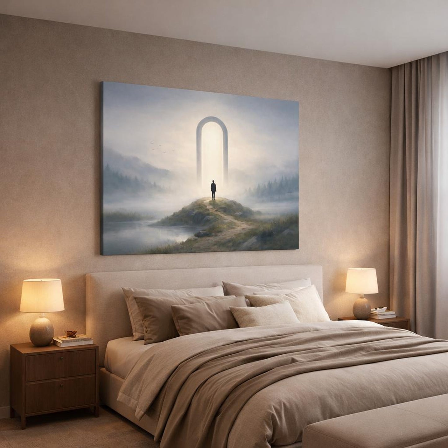 Scandi Light Landscape Mist shown as canvas wall art in a luxury bedroom