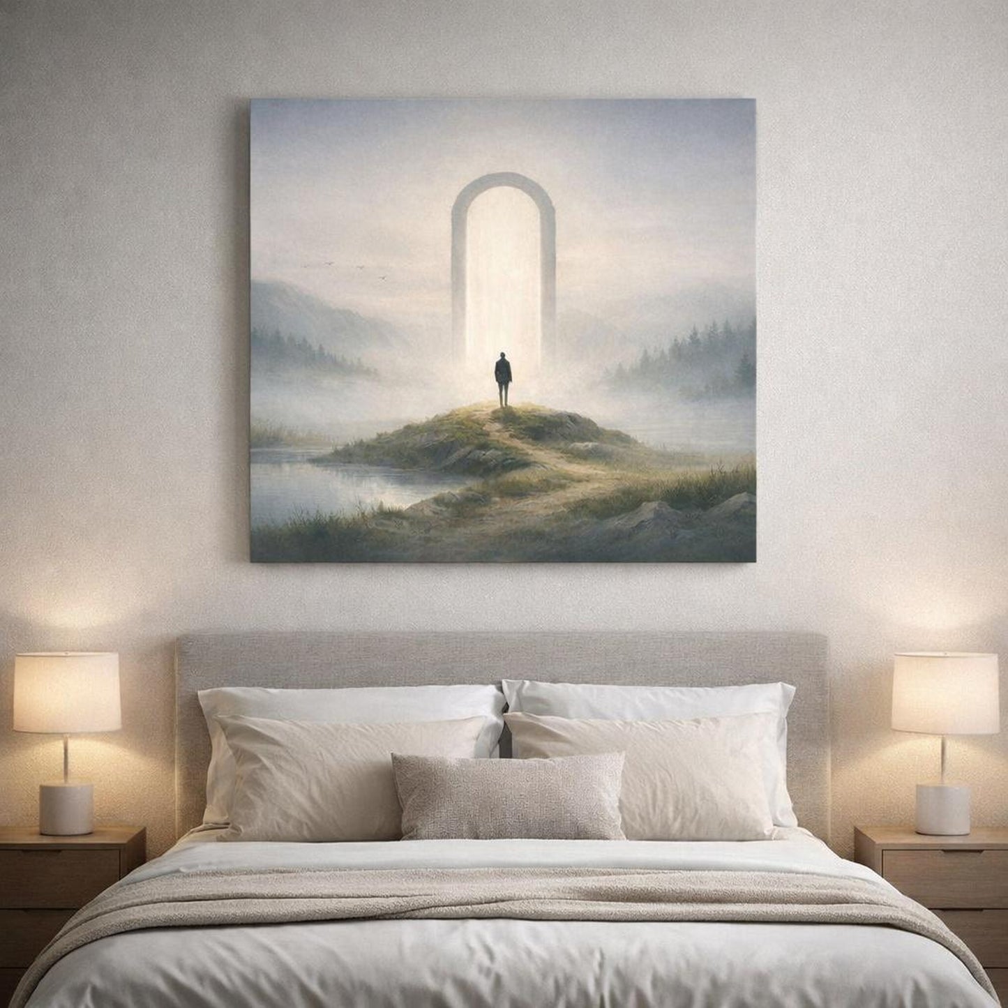 Scandi Light Landscape Mist shown as canvas wall art in a refined dining room