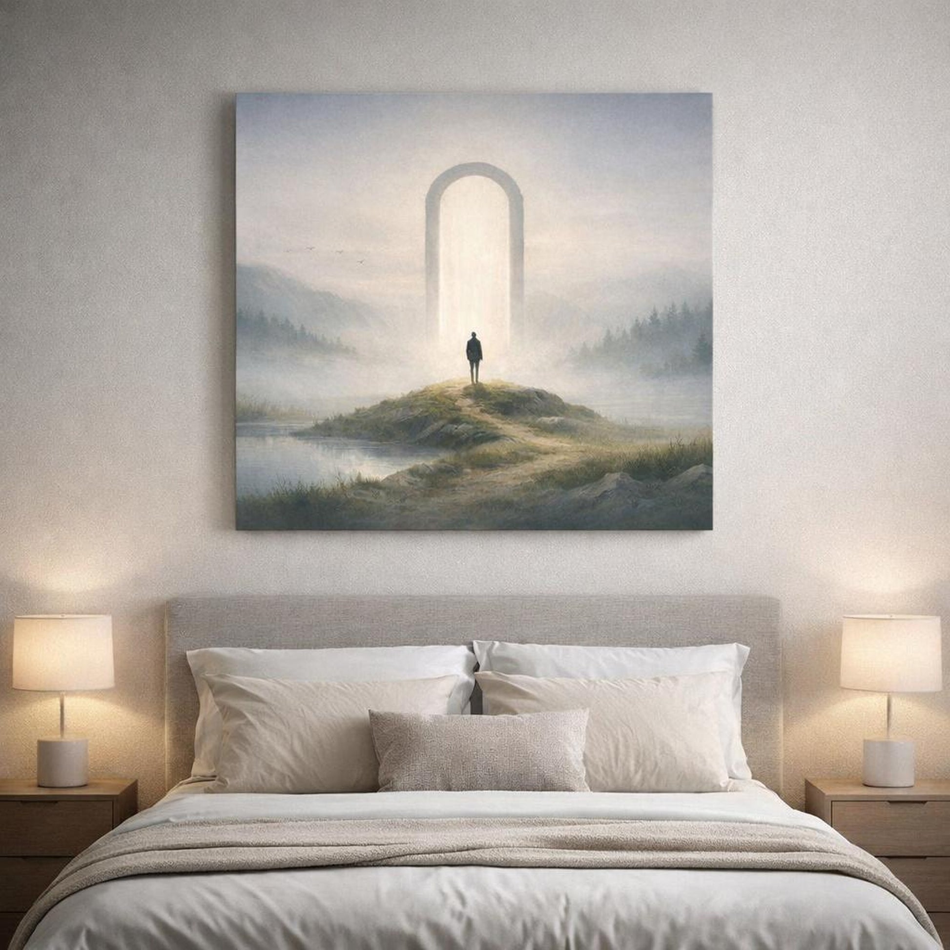 Scandi Light Landscape Mist shown as canvas wall art in a refined dining room