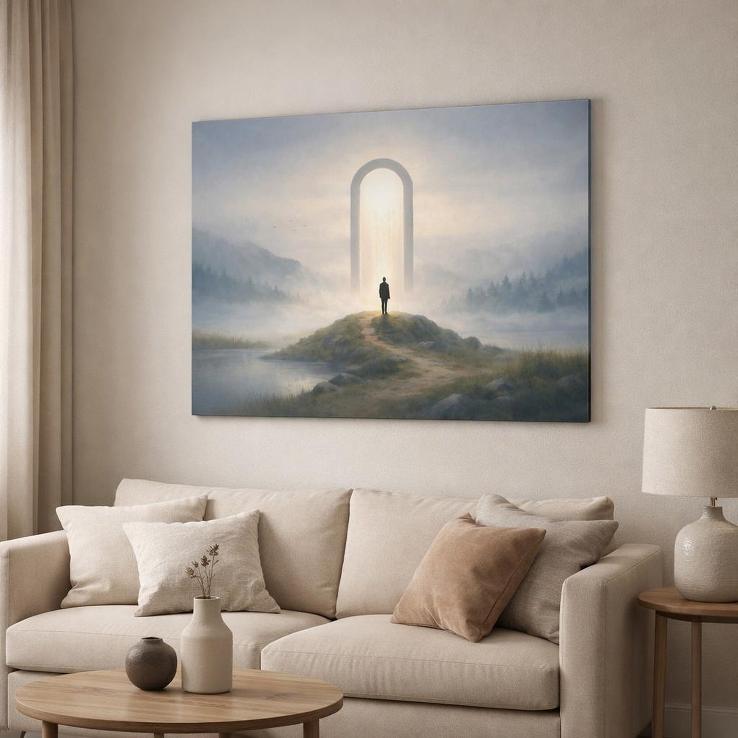Scandi Light Landscape Mist shown as canvas wall art in a modern living room