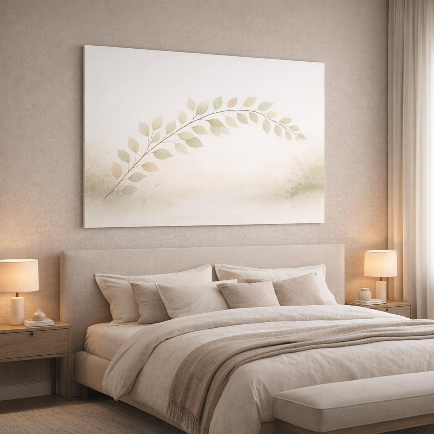 Scandi Light Leaves Soft shown as canvas wall art in a luxury bedroom