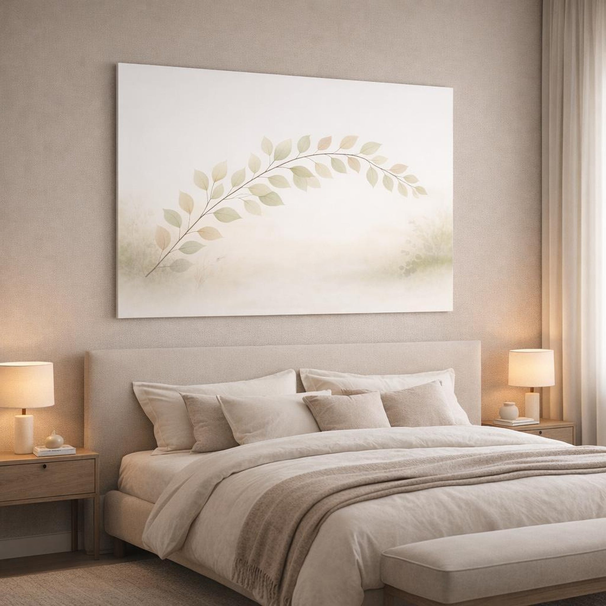 Scandi Light Leaves Soft shown as canvas wall art in a luxury bedroom
