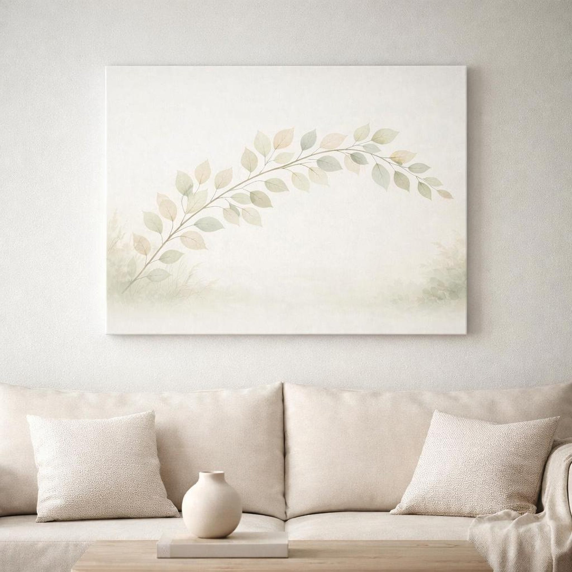 Scandi Light Leaves Soft shown as canvas wall art in a refined dining room